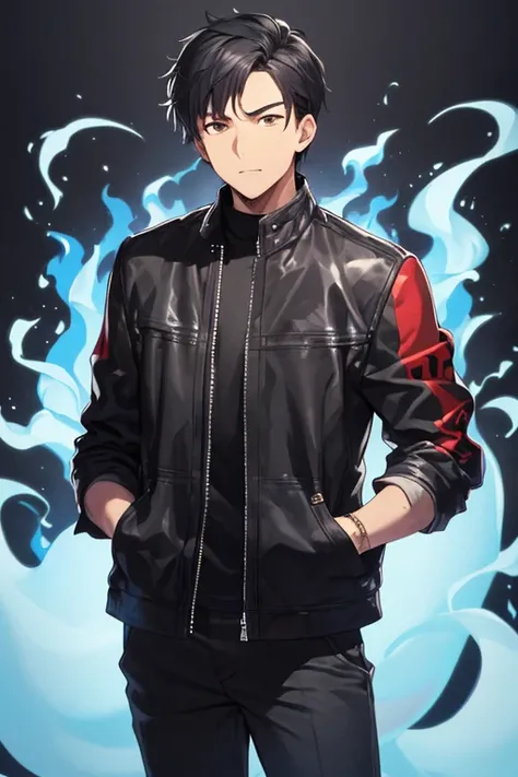 ((1guy)), perfect face, ghost rider, black hair, short hair, brown eyes, blue fire, asian, ((dark background)), ((facing forward)), cowboy shot, (()), in the center, (()), ((standing)), ((hands in pockets)), ((perfect hands, correct number of fingers)), ((...