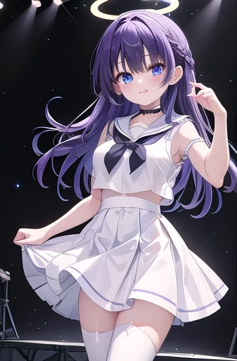 masterpiece,Best Quality,High resolution,ultra-isetaileis,wake up,halo,blue eyes,Purple Hair,Long Hair,two siise up,bangs,Choker,iisol clothes,Sailor collar,White shirt,Sleeveless,isetacheis sleeves,skirt,white skirt,boots,(White Footwear:1.2),inisoors,sta...