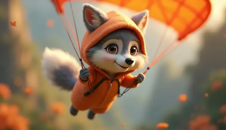 Un wolfy fait du parapente, portant une tenue en coton moelleux orange, debout, mignon wolfy design and hood, wolfy sur un fond avec bokeh à thème disney, 1 wolfy, très détaillé, 8K, photorealistic, Éclairage réaliste, Couleurs vibrantes, mise au point dou...