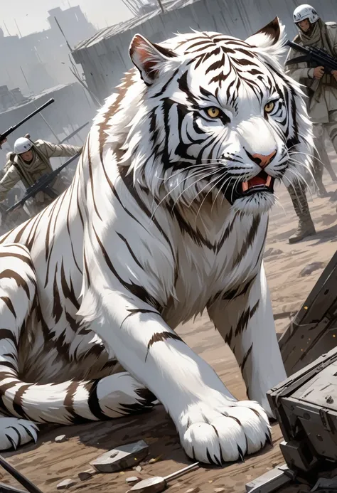 score_9, score_8_up, score_7_up,  (((feral))), feral white tiger wearing a military uniform, headgear, solo, female,feral, fur,  white tiger, seductive, looking at viewer, angry, tail, paws, spooky, battlefield, [best quality, shaded, extreme detail, highl...