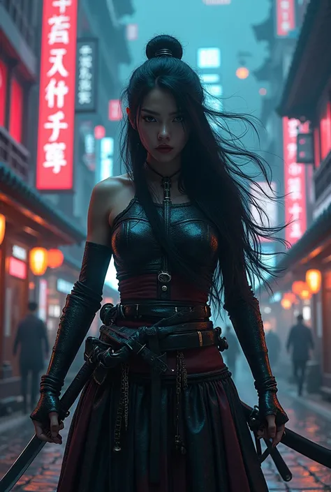 a, beautiful female samurai with long hairs  sword standing in the middle of the road  of a feudual japan city  , background Cyberpunk art style, hd quality, night time