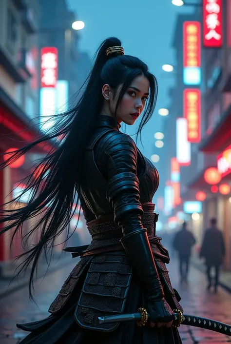 a, beautiful female samurai with long hairs  sword standing in the middle of the road  of a feudual japan city  , background Cyberpunk art style, hd quality, night time