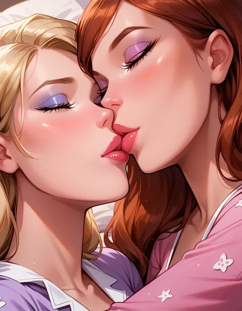 score_9, score_8_up, score_7_up, dcaustyle, 2girls, duo, couple, yuri, (Kara Zor-El, blonde:1.3) and (Barbara Gordon, reddish brown hair:1.2), wearing cute pajamas, flirt, sexy look, filled lips, thick lips, makeup, laying together on luxurious bed, elegan...