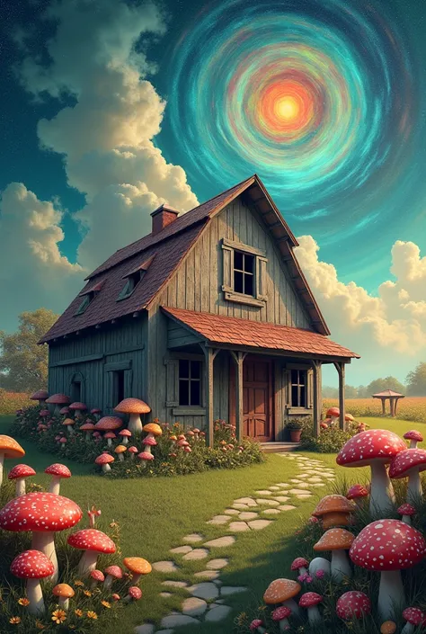 a BARN with a mushroom garden and a psychedelic sky 