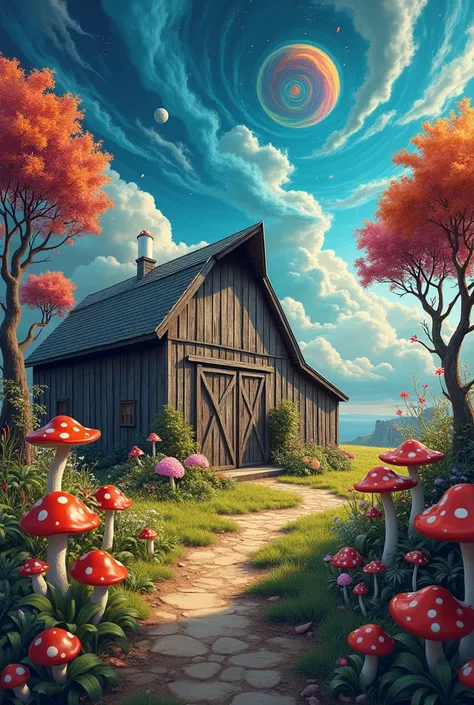 a BARN with a mushroom garden and a psychedelic sky 