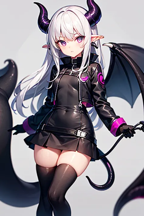 girl, white hair, purple eyes, black jacket, Black gloves, short black skirt, black boots, long black stockings. (Tail tentacle), (black wings on the back), (horns long)