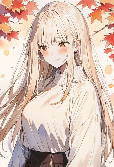 Alone, good looking, watercolor ,
1. woman, 
Straight Hair, Long Hair,Hime cut,bangs,White beige hair,Brown eyes＆Soft impression , Round face, Shy face, tits,
what are you doing,darkness,
Autumn-like stylish clothes,Outer skin,smile,Sexy,good,
Autumn cherr...