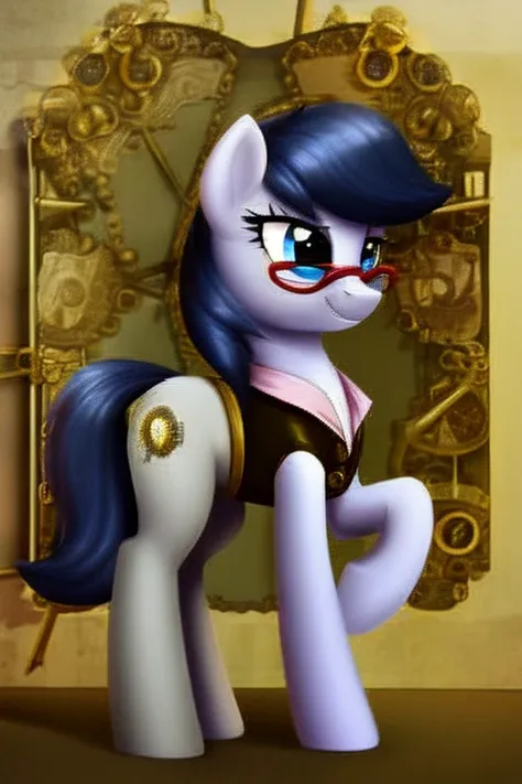 (masterpiece), best quality, expressive eyes, perfect face, mare, pony, (light grey skin), sexy, ((black waistcoat)), (white blouse), (glasses), smiling, loving, black mane in pony tail, mlp, mlp oc, blue eyes, tall, (((1girl))), black tail, ((tattoo of a ...