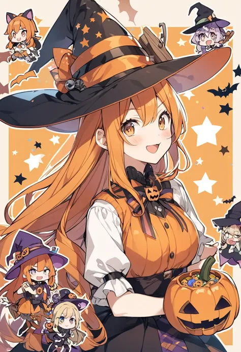 Halloween、Pumpkin、witch、Anime drawings、Orange hair、Long Hair、Pointed hat