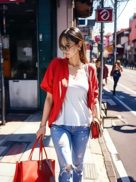 A 50-year-old Asian woman is wearing a white top, jeans, boots and a red bag on the street., Casual clothing style, Wearing a camisole and boots, Small waist, with a Narrow waist, Korean female fashion model, Narrow waist, Simple style, casual white garmen...