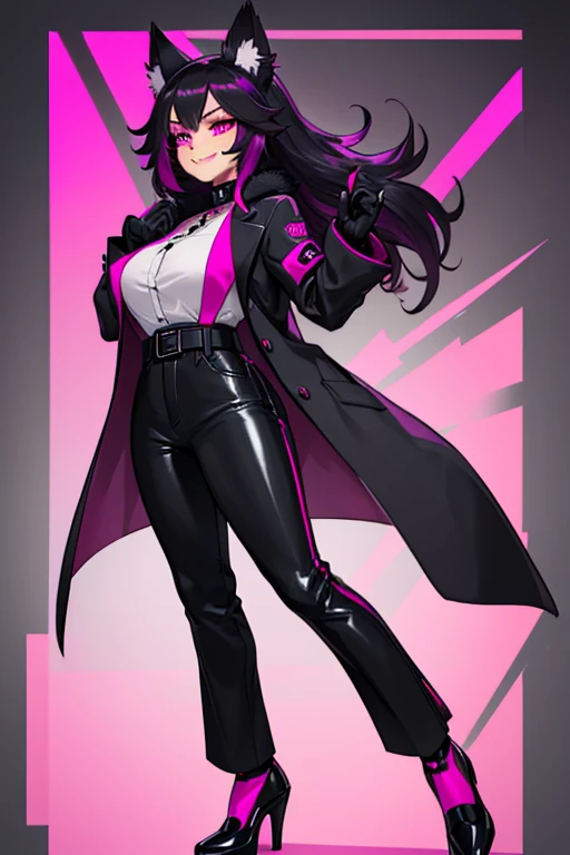 female, black long hair with magenta highlights, silver eyes, black wolf ears, black wolf tail, (((1girl))), (((black and magenta coat)), (white blouse), (black pants), (black heeled shoes), (black belts), (black fingerless gloves), cute and sexy, full bod...