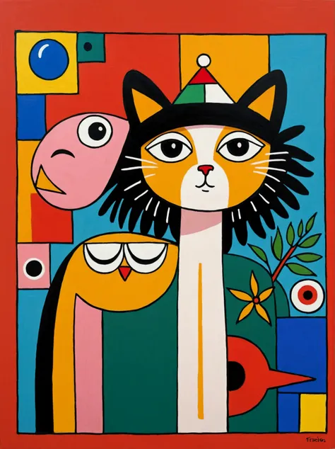 in the style of Thierry Noir（artist），
a painting with a funny looking cat with a hat holding a red bird , in the style of de stijl, playful cartoons, monumental figures, vivid birdlife, maquette, fine lines, childlike innocence 