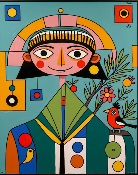 in the style of Thierry Noir（artist），
a painting with a funny looking cat with a hat holding a red bird , in the style of de stijl, playful cartoons, monumental figures, vivid birdlife, maquette, fine lines, childlike innocence 