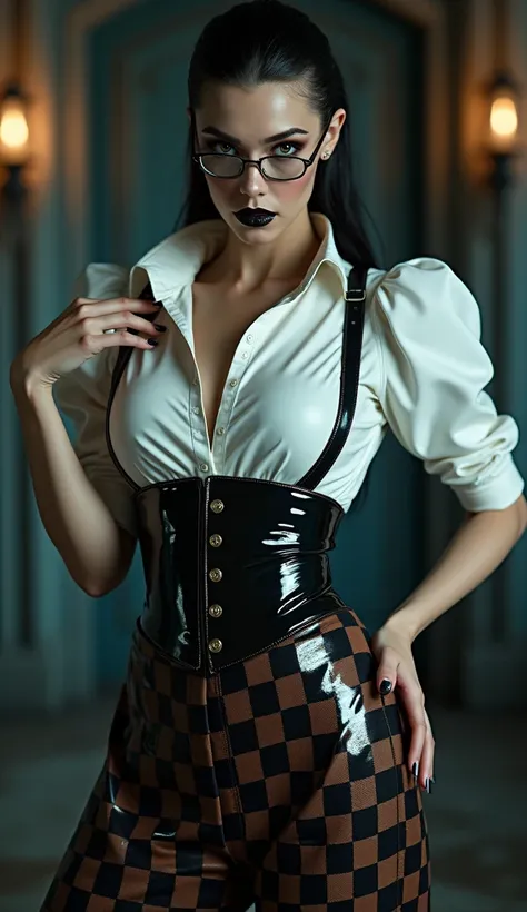 femme, latex, brillant, Les vampires, stricte, latex, brillant, chemisier latex blanc crème, longue jupe careaux marron bleu latex, serre taille latex noir, bretelles latex noir, cuissades vinyle noir, visage mechant sévère, bouche noir brillant, une main ...