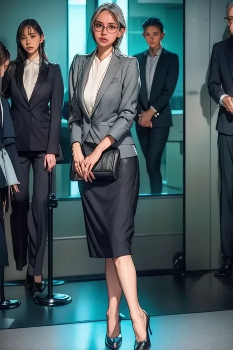 Dominant Female CEO，slim，Gray Hair，长Gray Hair，At the office，Full body portrait，Black tights，High heels，Wearing glasses，Long Row，High Target，Wearing a black suit，Short skirt