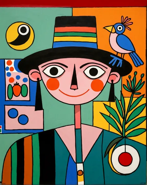 in the style of Thierry Noir（artist），
a painting with a funny looking cat with a hat holding a red bird , in the style of de stijl, playful cartoons, monumental figures, vivid birdlife, maquette, fine lines, childlike innocence 