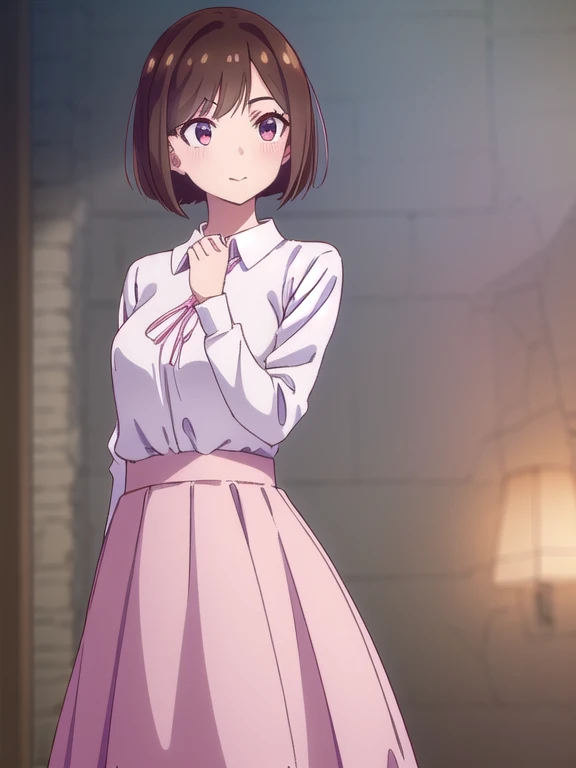 ((White blouse, pink flair skirt)),mizuharachizuru, Chizuru Ichinose, solo woman,(Long Bob:1.5), bangs, Brown Hair, Brown eyes, smile,outdoors,people々,looking at viewer, (Cowboy Shot:1.5),(masterpiece:1.2), Best Quality, High resolution, Unity 8K Wallpaper...