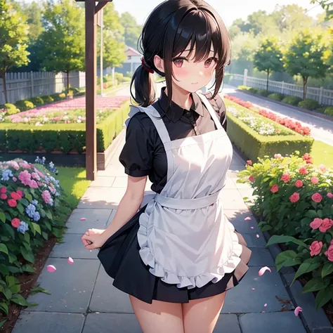 One high school girl、Very embarrassed face、blush、Black hair low ponytail、Small breasts、apron、uniform、Beautiful thighs、arms behind back、Blooming garden background、Perfect Anatomy、Perfect hands、Perfect Legs