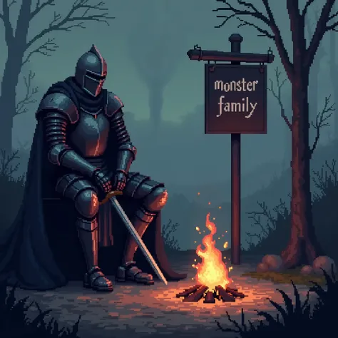 Very early in the morning, when the sun rises, near the sign with the inscription"MONSTER FAMILY",knight in dark medium-heavy armor and helmet with long sword in both hands sits by fire in gothic style pixel art