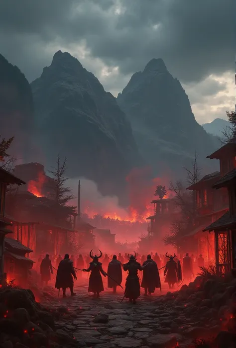 An epic battle scene between demons and ancient soldiers, set in an old traditional village with red hues of chaos and destruction all around. The background features mountains under dark clouds, creating a dramatic atmosphere. In the foreground is a group...