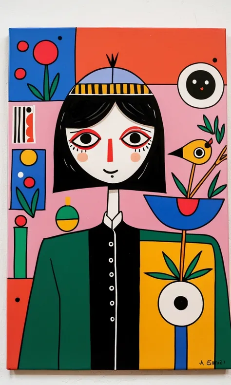 in the style of Thierry Noir（artist），
a painting with a funny looking cat with a hat holding a red bird , in the style of de stijl, playful cartoons, monumental figures, vivid birdlife, maquette, fine lines, childlike innocence 