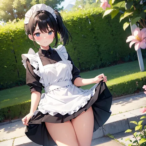 One high school girl、Very embarrassed face、blush、Black hair low ponytail、Small breasts、(White apron:1.3)、White dress shirt、Black checked mini skirt、Beautiful thighs、Lift up the skirt、Blooming garden background、Perfect Anatomy、Perfect hands、Perfect Legs