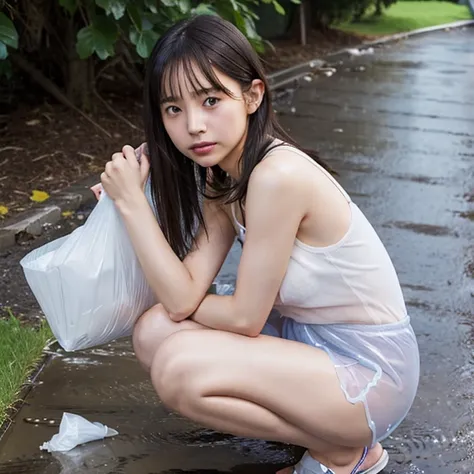 (masterpiece),(4k),(detailed photo),(high quality photo),in a heavy rain,in the park ,one japanese girl ,teenager,very very shor...