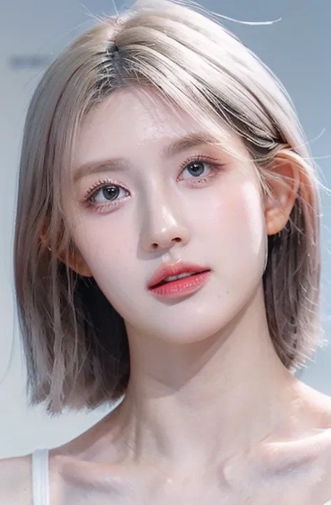 a kind and beautiful woman, half-body photo, delicate and sexy collarbone, attractive oval face, double eyelid, clever pink eyes...