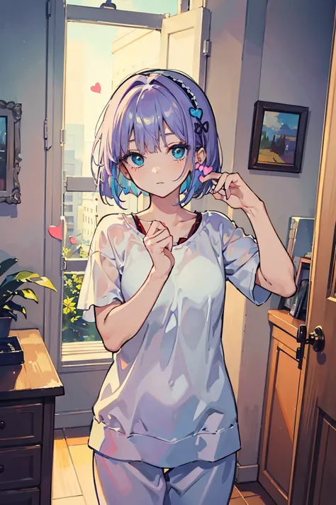 Relax in your own room, Girly loungewear, 1 girl, Punk Makeup, (Hair Accessories),(Green), Cute pose, Colorful clothes, White and purple hair, Semi-bob cut, Gentle expression, Beautiful expression, Blue Eyes, (Hearts in eyes), Cold Background,1, Colorful H...