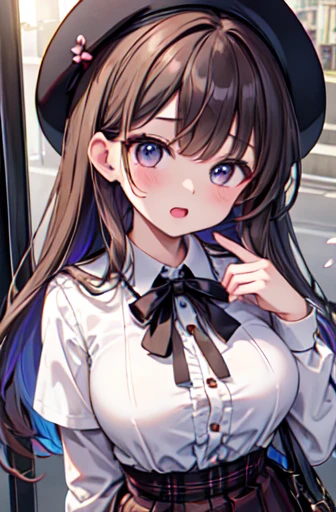 （In 8K, Best Quality, masterpiece:1.2)、Super A high resolution, ,((Petal collar shirt)),Highly detailed face,Deep and detailed,Brown Hair,Straight bangs,(Donut Hair)、Burberry Check Beret,Burberry check tiered skirt,(Rainbow light:1.4)、Fine fingers、solo,I w...