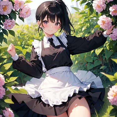 One high school girl、smile、blush、(Black hair low ponytail:1.3)、Small breasts、(Black Apron:1.2)、(White dress shirt:1.1)、(Black checked mini skirt:1.1)、Beautiful thighs、Lift up the skirt、Blooming garden background、Perfect Anatomy、Perfect hands、Perfect Legs