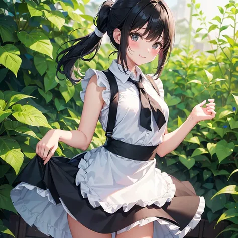 One high school girl、smile、blush、(Black hair low ponytail:1.3)、Small breasts、(Black Apron:1.2)、(White dress shirt:1.1)、(Black checked mini skirt:1.1)、Beautiful thighs、Lift up the skirt、Blooming garden background、Perfect Anatomy、Perfect hands、Perfect Legs