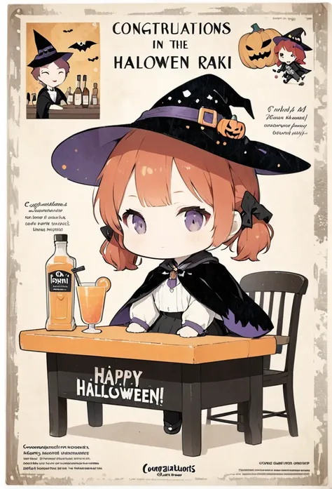 Impressionist-style print of an old street poster celebrating Halloween、(Very old textured poster:1.3)、Henri de Toulouse=By Toulouse-Lautrec、A girl with red hair and twin tails sits on a chair at the bar counter and drinks juice、The girl is wearing a black...