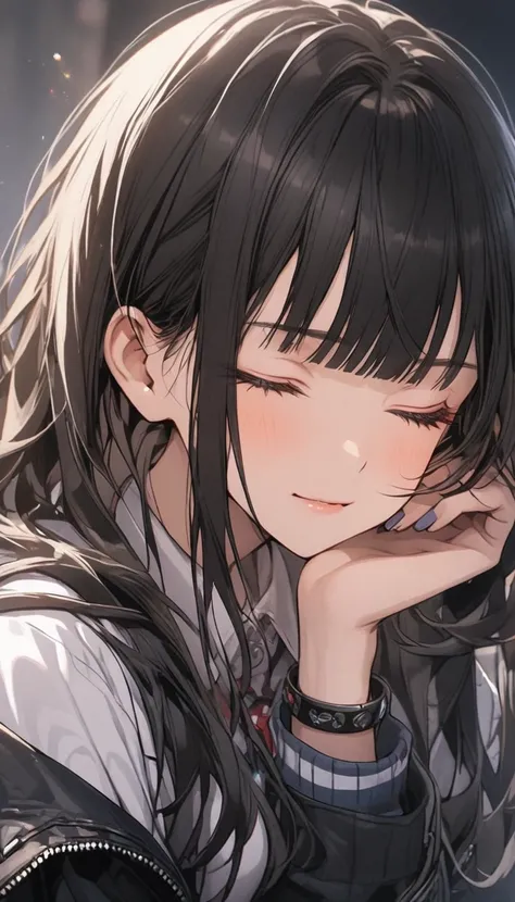 Girl, long hair, bangs, shirt, black hair, jewelry, jacket, collared shirt, blunt bangs, eyes closed