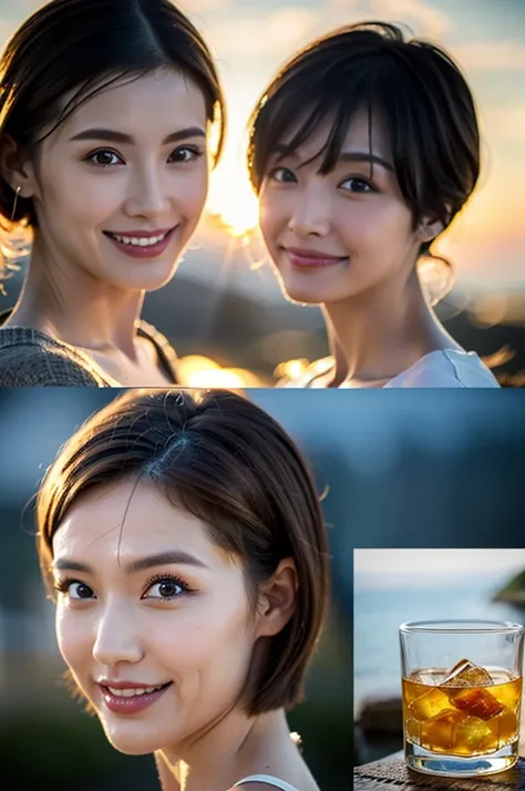 (Realistic, 超Realistic:1.4), 16K HDR, High resolution,((Whiskey Glass)),((Whiskey Bottle)),((Whiskey Glass)),Happy smile、short hair,The best smile、Japanese actress,so beautiful(It looks like the real thing),Evening Dresses,Cocktail Dresses、Whiskey Bottle、T...