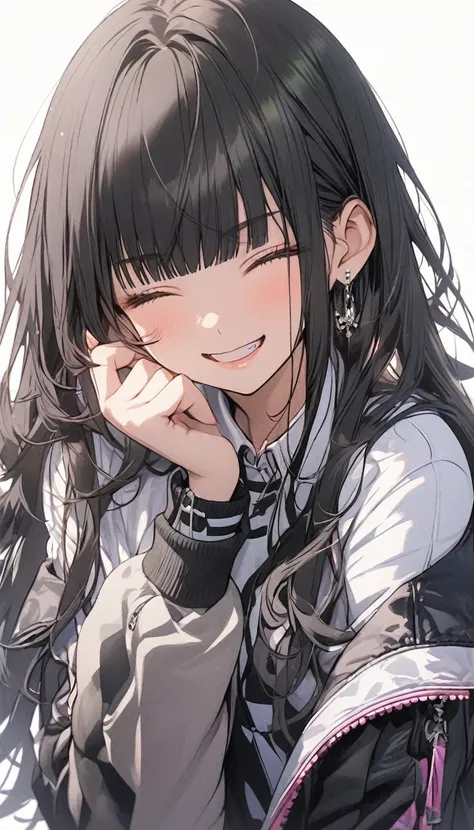 Girl, long hair, bangs, shirt, black hair, jewelry, jacket, collared shirt, blunt bangs, eyes closed