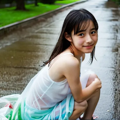 (masterpiece),(4k),(detailed photo),(high quality photo),in a heavy rain,in the park ,one japanese girl ,teenager,((wearing tran...