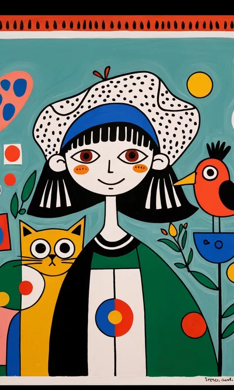 in the style of Thierry Noir（artist），
a painting with a funny looking cat with a hat holding a red bird , in the style of de stijl, playful cartoons, monumental figures, vivid birdlife, maquette, fine lines, childlike innocence 