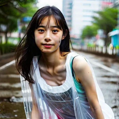 (masterpiece),(4k),(detailed photo),(high quality photo),in a heavy rain,in the park ,one japanese girl ,teenager,((wearing tran...