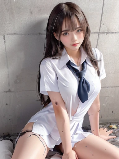 Sexy pose sitting on the floor, whole bodyフォーカス, (Sexual violence), ((Tattered high school uniform)), ((A badly torn high school uniform)), (((Fearful expression))), (((tears))), (((Ripped dress shirt))), ((When you open your legs you can see the real pant...