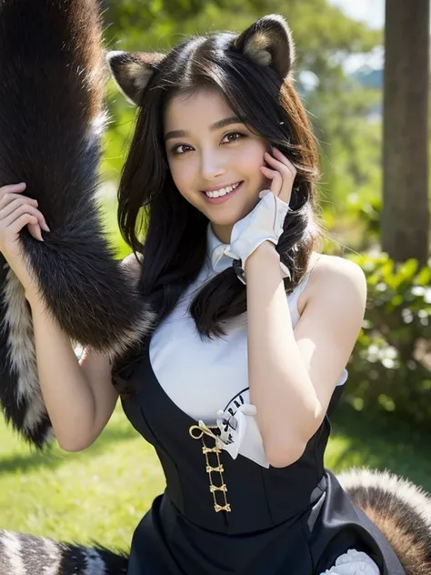 ((Best Quality, 8k)), ((masterpiece)), (Highest Resolution), Perfect Face, Woman with raccoon ears, Woman with a tail, Beautiful woman, She is a maid, This was taken outside the castle, Only one tail, She has thick thighs, Her big raccoon tail, I can see h...