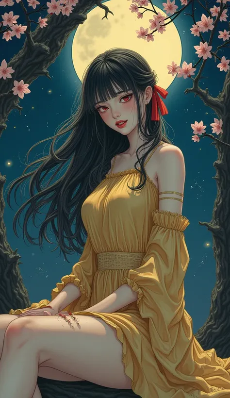 masterpiece, Best Quality, detailed, One girl, Alone, 夜 sky, Outdoor, full moon, star, ,  Dark Sakura, (Golden Dress), Long Hair, evil smile, Red ribbon, Striped, Thighs