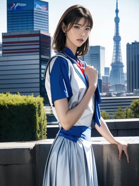 The costume colors were inspired by the drink Pepsi Cola..。He is standing on top of an abandoned building with Tokyo Tower in the background.。