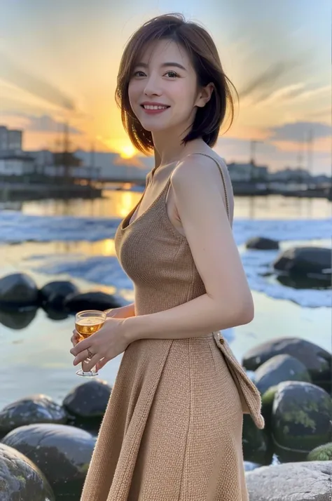 (Realistic, 超Realistic:1.4), 16K HDR, High resolution,((Whiskey Glass)),((Whiskey Bottle)),((Whiskey Glass)),Happy smile、short hair,The best smile、Japanese actress,so beautiful(It looks like the real thing),Evening Dresses,Cocktail Dresses、Whiskey Bottle、T...