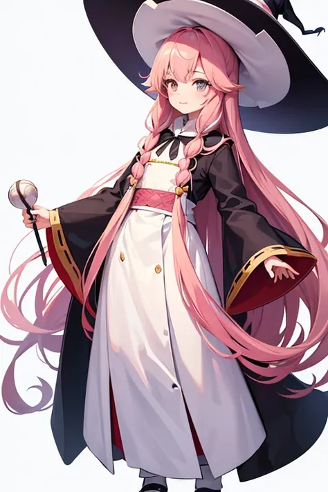 no background, All-white background, whole (body), full body shot, pink hair, super long hair, finger waves, witch, The brim of the hat is very big., taisho roman, retro, big bust