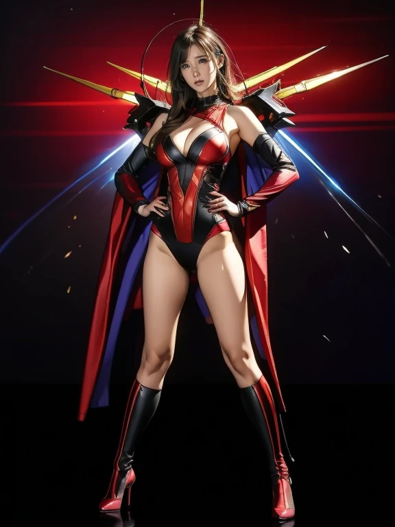 Full Body Shot, Very detailed, Full Body Costume、The colors were inspired by Gundam.、8k, Actual Photos, Impressive lighting, Dynamic action poses, Great energy effect, Black and red color palette, Simple costume design, Advanced Technology, Heroic and powe...