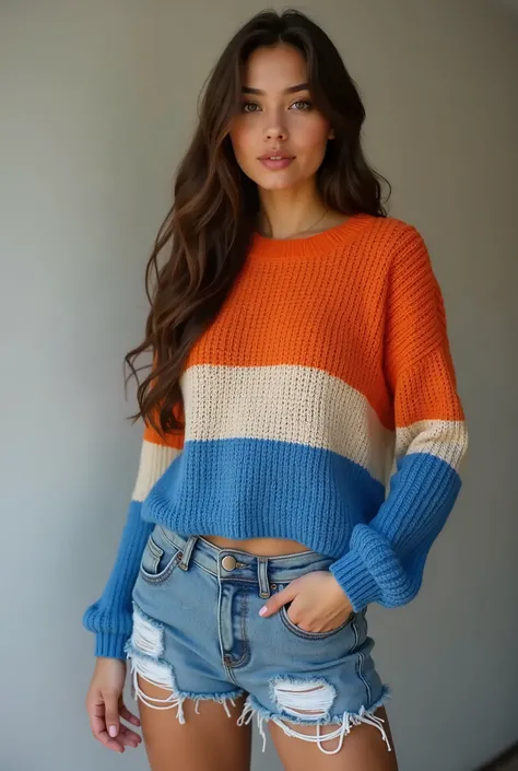 a young woman wearing a colorful sweater and ripped denim shorts posing for a photo, striped sweater, blue and orange, blue sweater, orange and blue, sweater, blue and orange tones, red orange blue beige, orange and blue tones, blue!! with orange details, ...