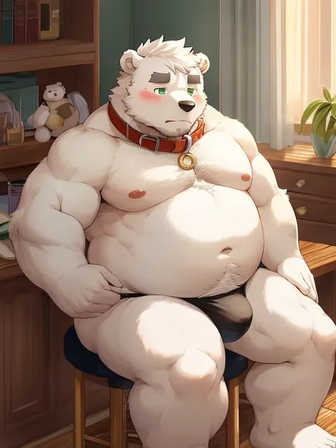 masterpiece，hairy，((polar bear))，((Endocrine))，Mature，Strong，Strong身体， strong，Fat-encapsulated muscle，doll，Naked body，White hair，White hair，bedroom，solitary，((Full body portrait))，collar，fat脸，fat，shame，((shameful))，blush，Dark green eyes，Buttock bulge，Thigh...