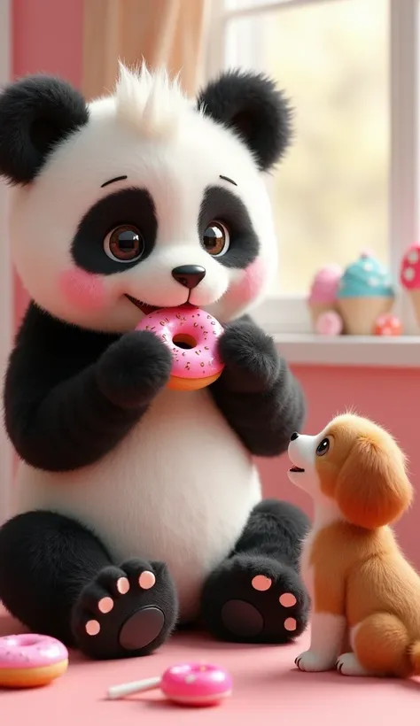 plano general, centered, Whole body, ((A panda costume eating donuts. (black and white suit):1.4)), sentado y comiendo Sweets:1.3, dynamic pose, (perro pidiendo Sweets:1.3), Very detailed, 8k, High Definition, adorable, high quality, photorealistic, showy,...