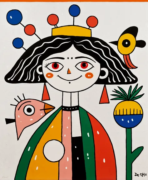 in the style of Thierry Noir（artist）， a painting with a funny looking cat with a hat holding a red bird , in the style of de stijl, playful cartoons, monumental figures, vivid birdlife, maquette, fine lines, childlike innocence
